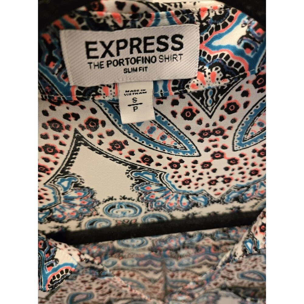 Express Portofino Shirt Small S Slim Fit Paisley Medallion Blouse Roll Tab - Picture 6 of 13